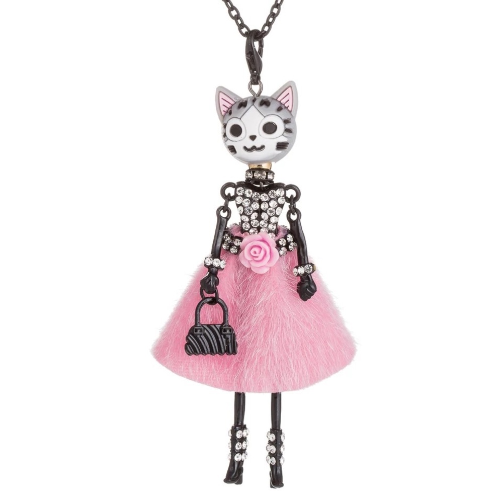Cat Lady Long Accent Necklace Black Pink